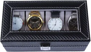 (4Slots) Elegant Large Watch Box Organizer for Men Women, Transparent top, Portable Leather Watch Holder Mens Watches Case Storage Best Gift for The Husband, (Black,20.5X 10.5 x 8cm)