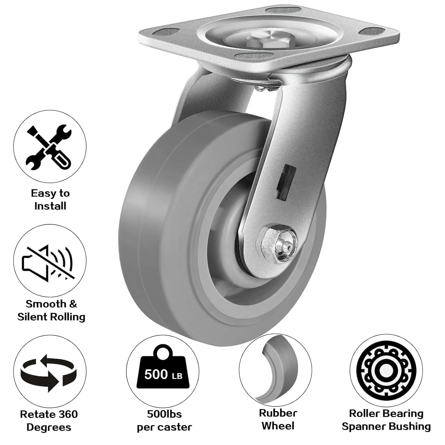 5 Inch Rubber Wheels (Flat Tread)- Heavy Duty Casters, Industrial Caster Wheels- with up to 500 LB Capacity- Use for Dollies, Utility and Maintenance Carts(1 Swivel)