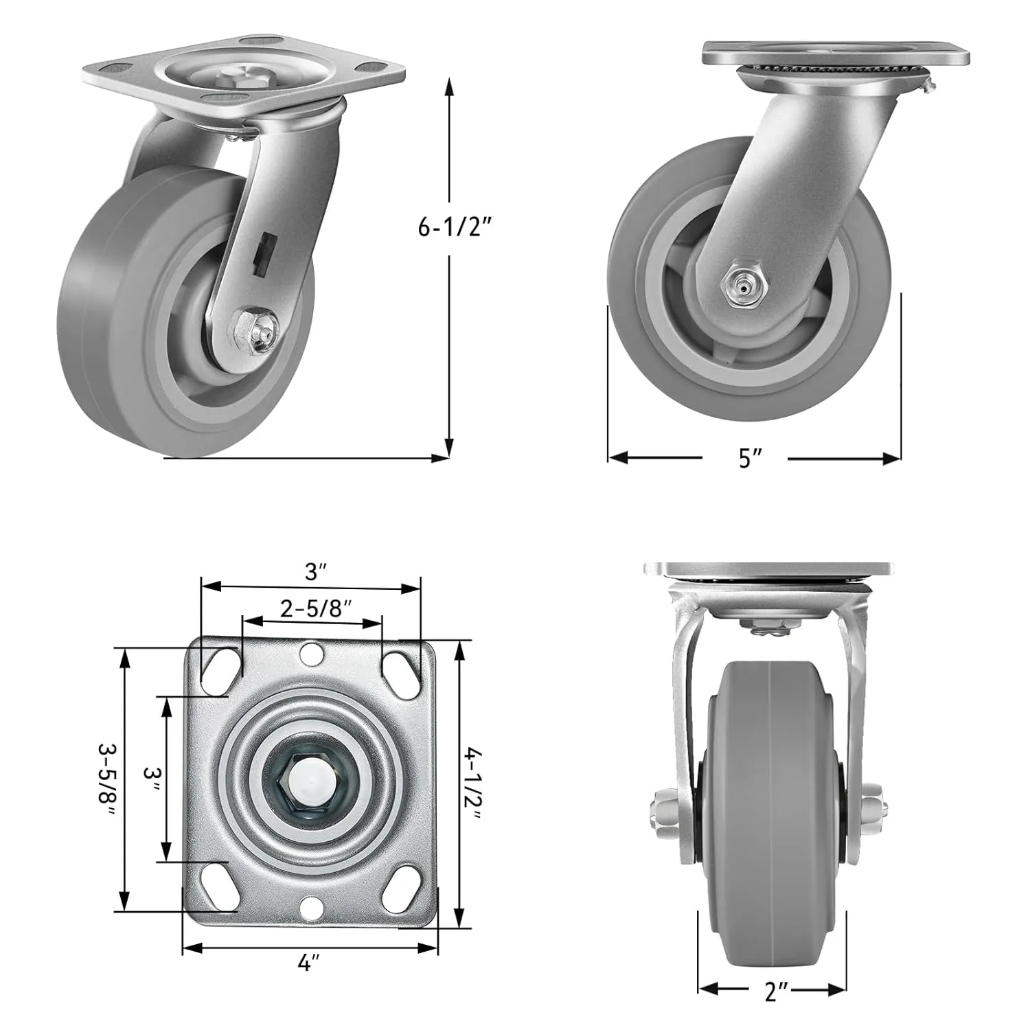 5 Inch Rubber Wheels (Flat Tread)- Heavy Duty Casters, Industrial Caster Wheels- with up to 500 LB Capacity- Use for Dollies, Utility and Maintenance Carts(1 Swivel)