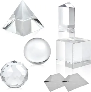 5 Pack K9 Optical Crystal Photography Prism Set,50mm Lens Ball/50 mm Cube/50mm Triangular Prism/50mm Prism Pyramid/ 50mm Crystal Ball for Teaching, Playing, Photography (with 2Pcs Wipe Cloth)