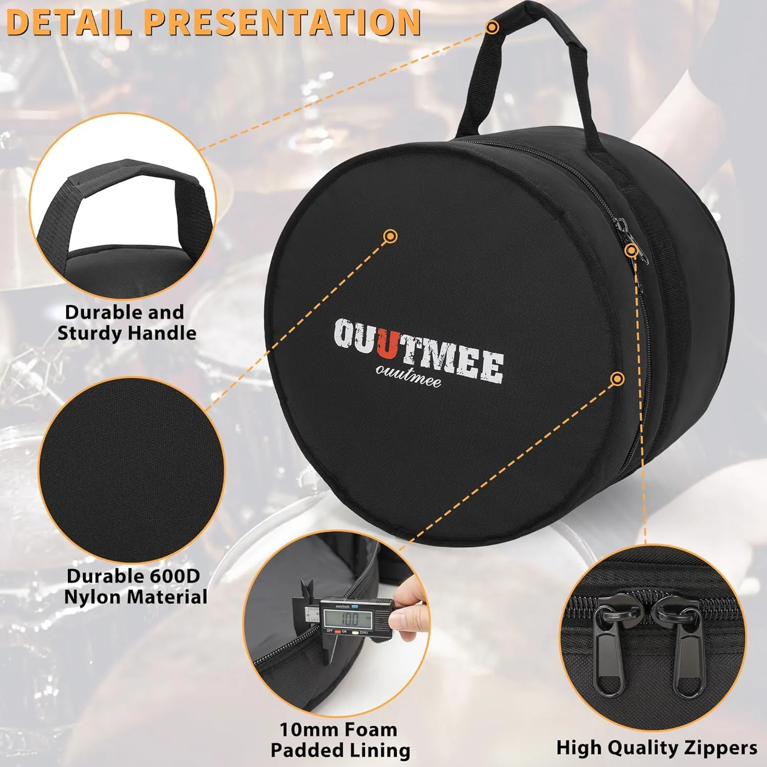 5 Piece 10mm Padded Drum Bag Set for 12" Tom, 13" Tom, 14" Snare, 16" Floor Tom, 22" Bass Drum Carrying Cases