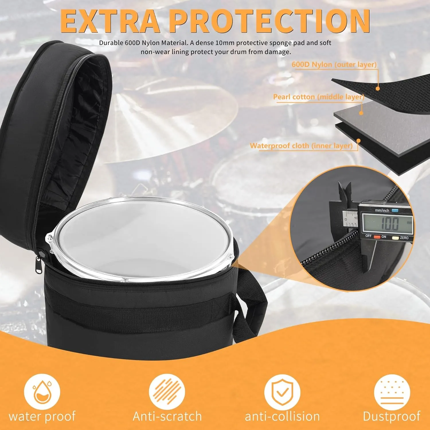 5 Piece 10mm Padded Drum Bag Set for 12" Tom, 13" Tom, 14" Snare, 16" Floor Tom, 22" Bass Drum Carrying Cases