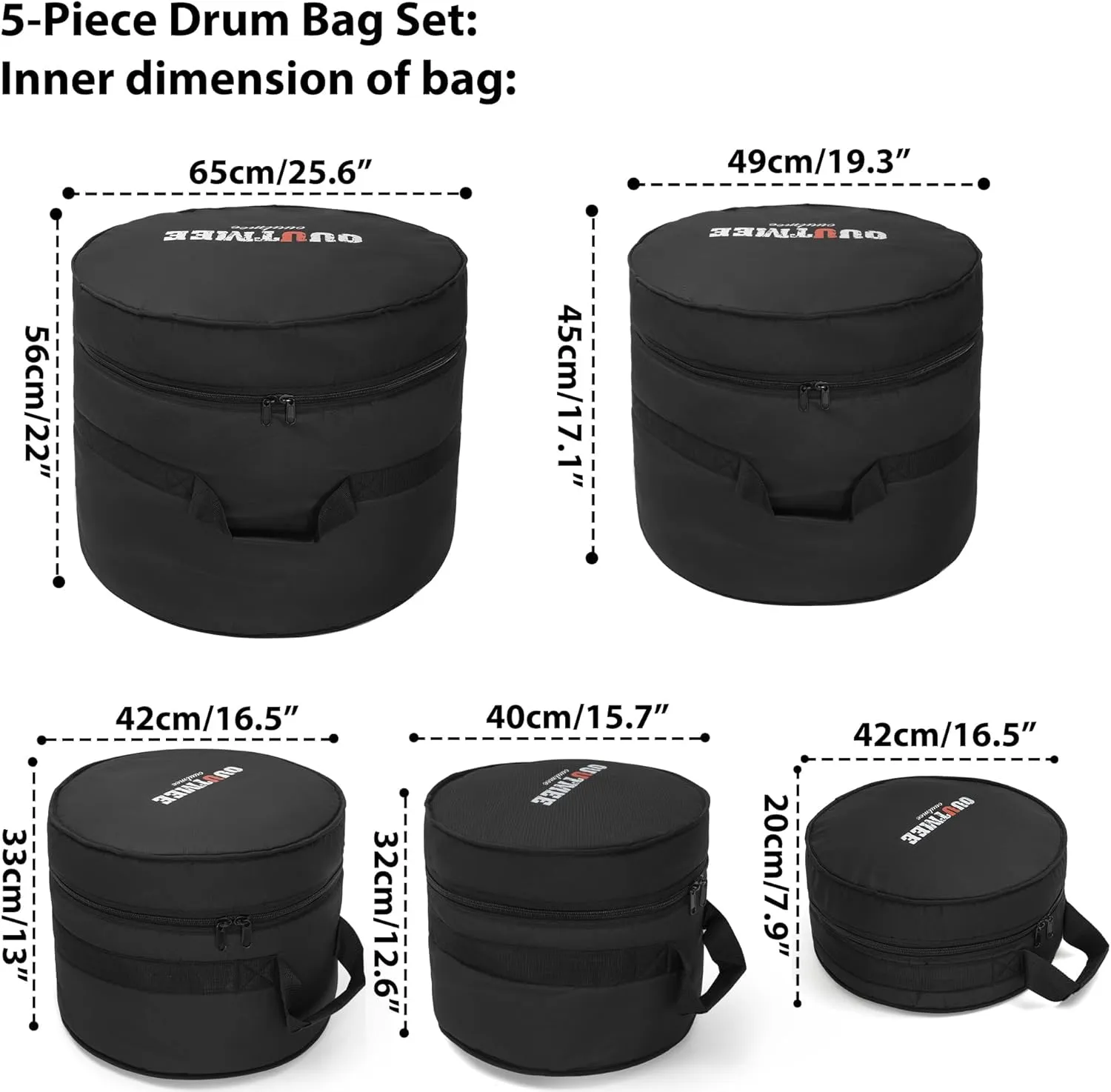 5 Piece 10mm Padded Drum Bag Set for 12" Tom, 13" Tom, 14" Snare, 16" Floor Tom, 22" Bass Drum Carrying Cases