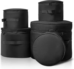 5 Piece 10mm Padded Drum Set Cases for 12" Tom, 13" Tom, 14" Snare, 16" Floor Tom, 22" Bass Drum,Drum bag compatible with most standard-sized drum kits black