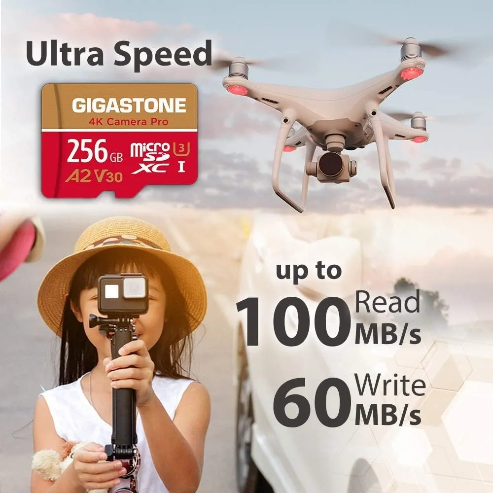 [5-Yrs Free Data Recovery] GIGASTONE 256GB Micro SD Card, 4K Camera Pro, A2 V30 for Smartphone, Gopro, Action Cams, 4K UHD Video, Nintendo-Switch Compatible, Up to 100MB/s, UHS-I U3 C10 with Adapter