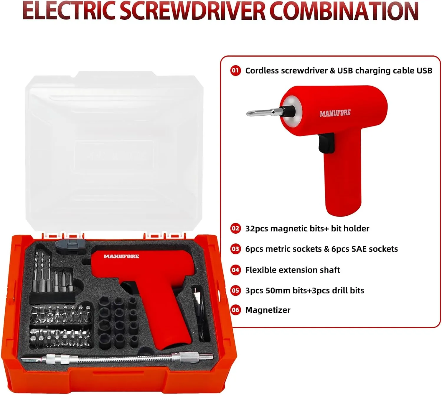 55pcs 2-layer 3.7V Household Electric Cordless Screwdriver Set with LED Light and Charging cable, 2 Level Tool Box for Home, Car