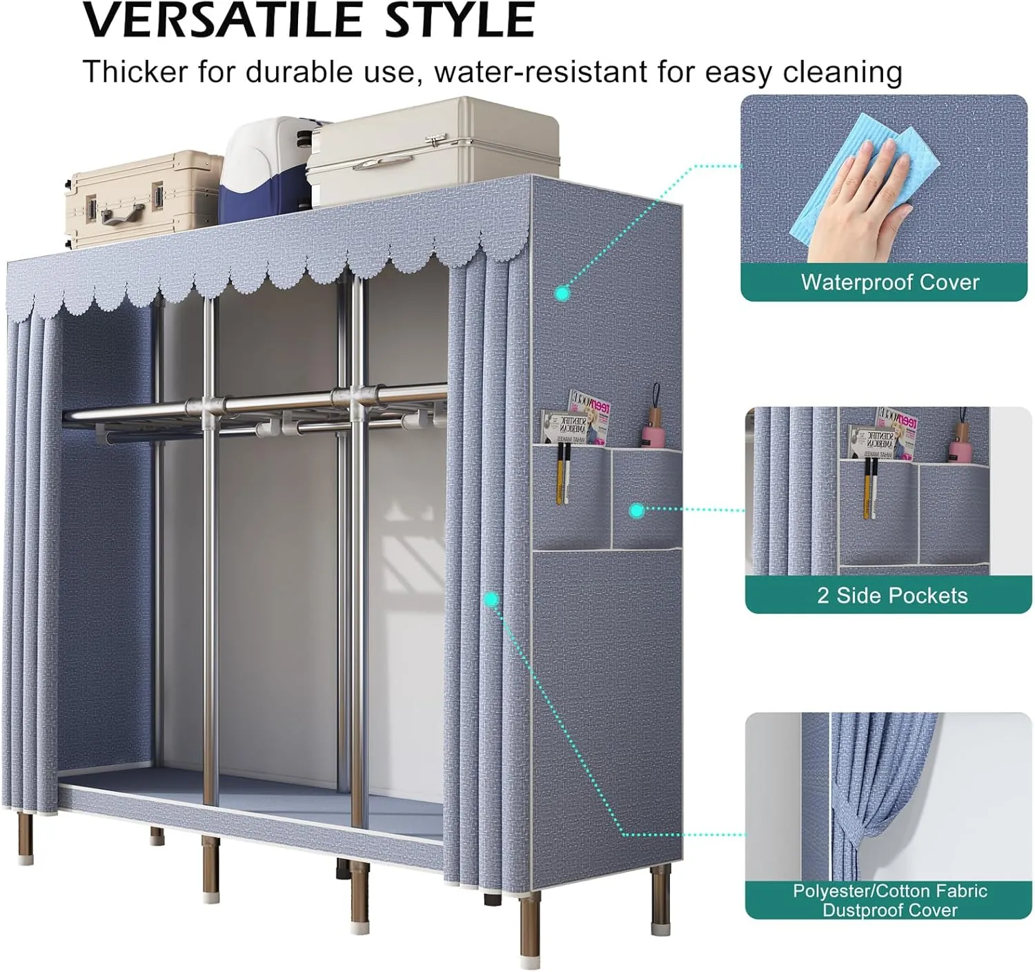 59Inch Portable Wardrobe Closet Storage Organizer for Bedroom, 23MM Thick Steel Hanging Rack with Polyester/Cotton Fabric Cover Moonlight Grey