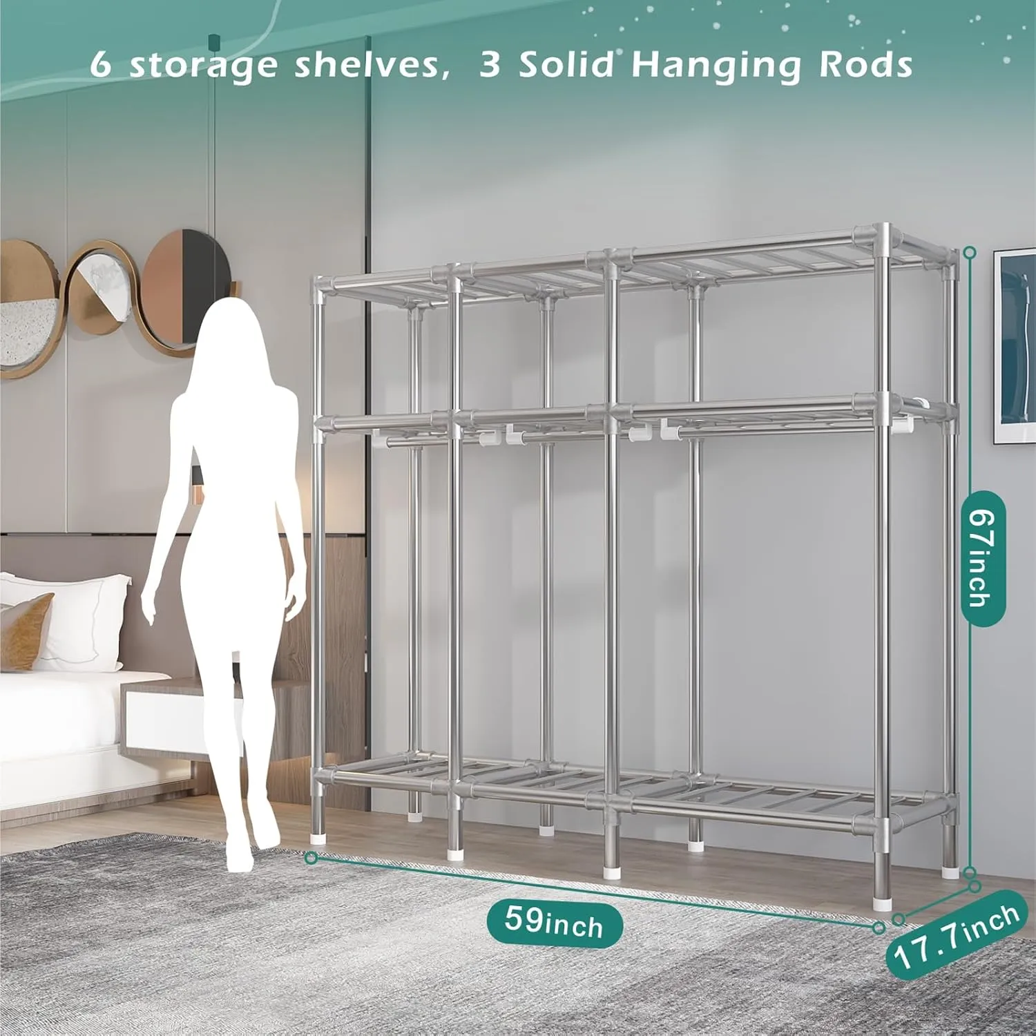 59Inch Portable Wardrobe Closet Storage Organizer for Bedroom, 23MM Thick Steel Hanging Rack with Polyester/Cotton Fabric Cover Moonlight Grey