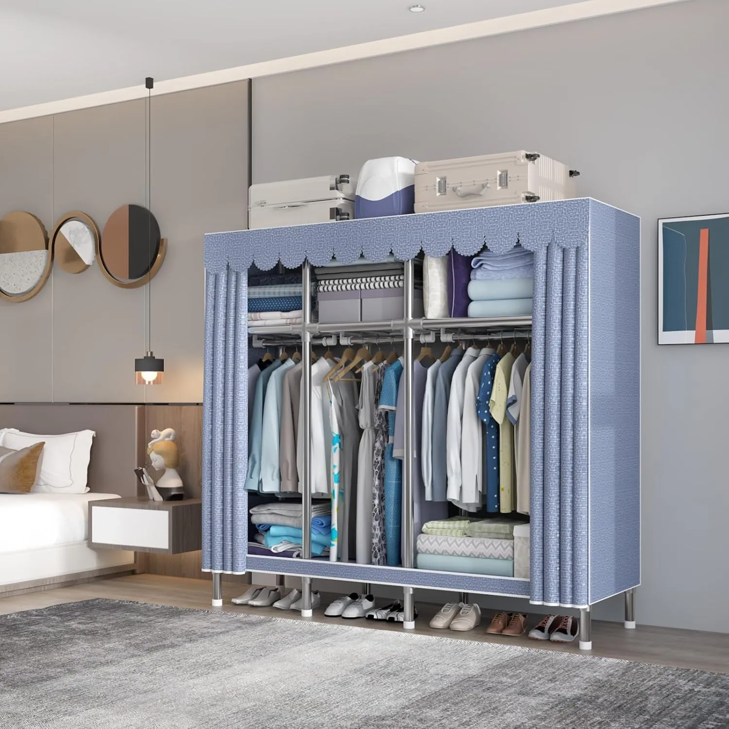 59Inch Portable Wardrobe Closet Storage Organizer for Bedroom, 23MM Thick Steel Hanging Rack with Polyester/Cotton Fabric Cover Moonlight Grey