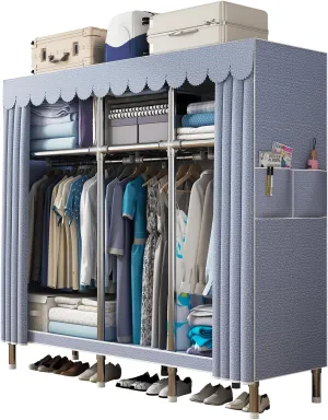 59Inch Portable Wardrobe Closet Storage Organizer for Bedroom, 23MM Thick Steel Hanging Rack with Polyester/Cotton Fabric Cover Moonlight Grey