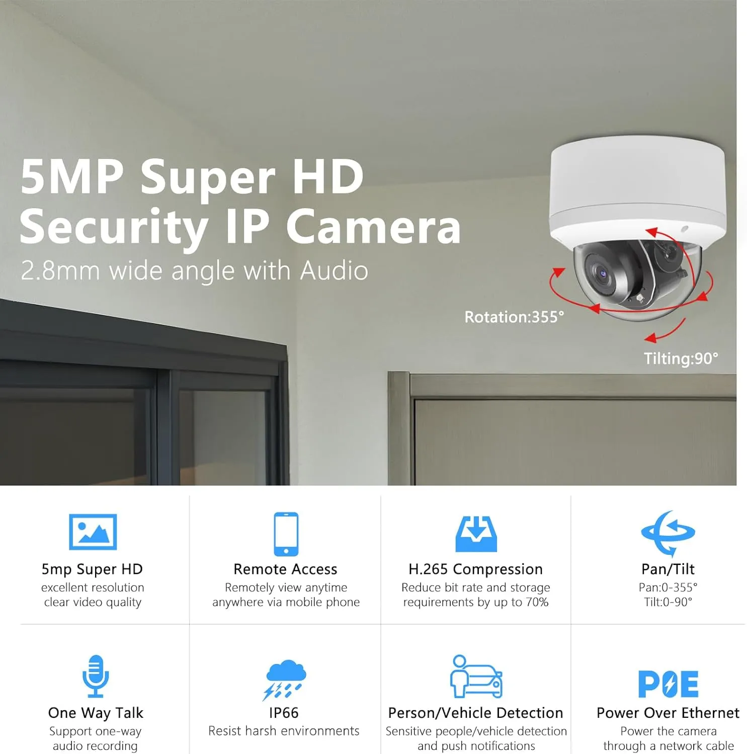 5MP 2.5'' PoE IP Camera with Mic, 5MP Dome Security IP Camera, IP66 Waterproof, 60ft IR Night Vision, Pan 0~355° Tilt 0~90°, 2.8mm Lens, Compatible with Third-Part NVRs Softwares
