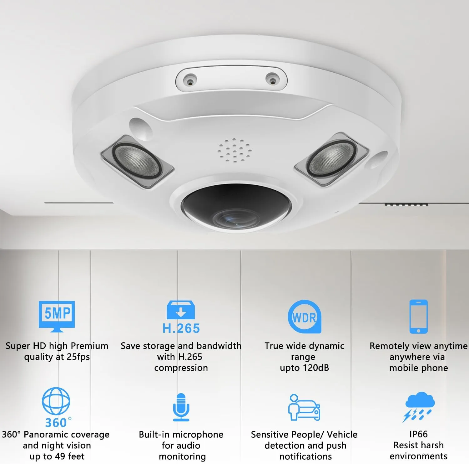 5MP POE IP Fisheye Camera, 1.44mm Lens 360° Viewing Angle Metal Panorama Camera, Mic. Audio in, 48ft Infrared Night Vision, Motion Detection, WDR, IP66 Water-Proof Indoor&Outdoor