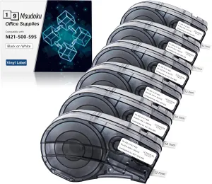 6 Pack Black on White Tape 1/2'' Vinyl Label Compatible for M21-500-595-WT M21-500-595 Label Cartridge, 0.5" W x 21' L for Indoor and Outdoor ID, Lab Labeling and Equipment Labeling