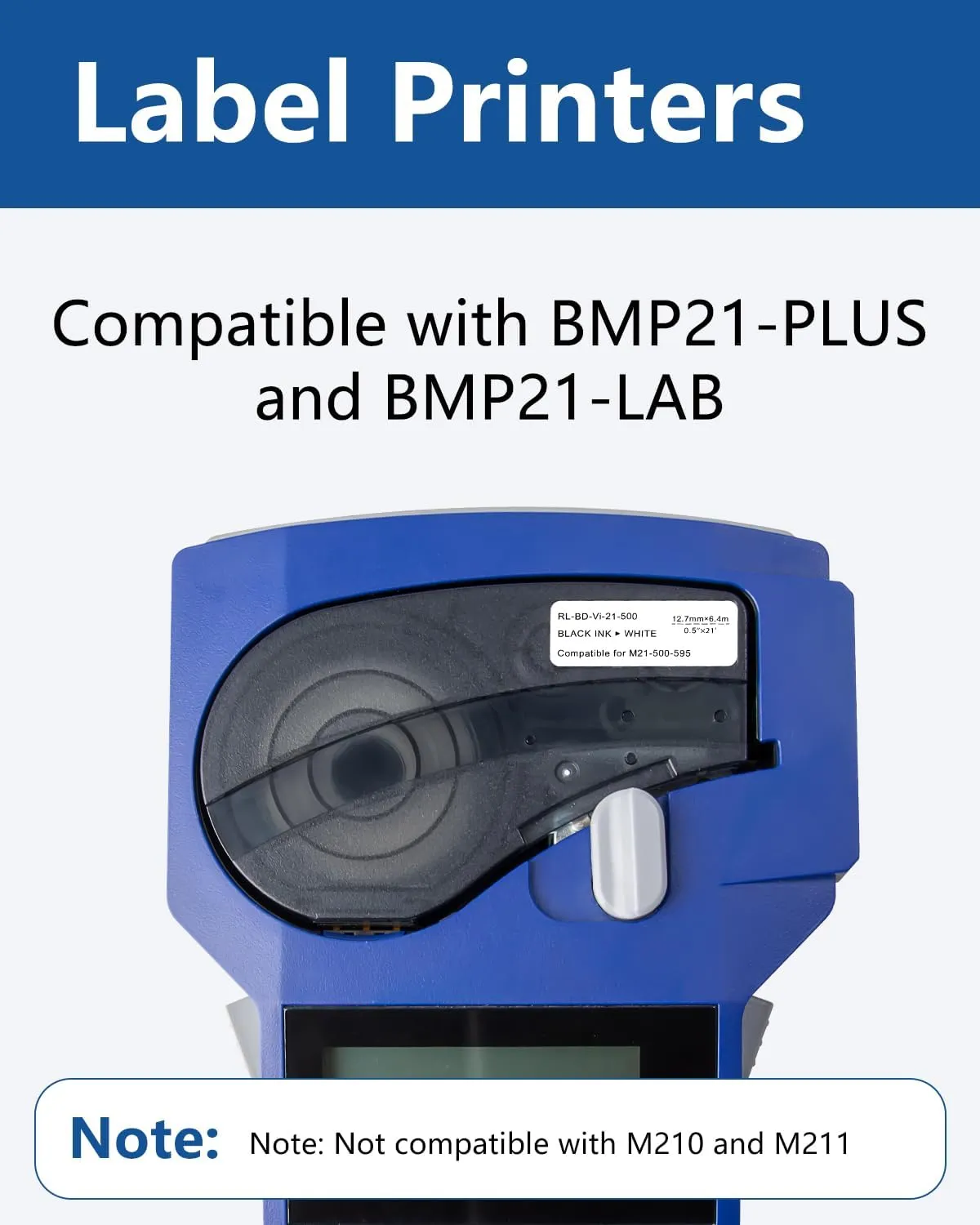 6 Pack Black on White Tape 1/2'' Vinyl Label Compatible for M21-500-595-WT M21-500-595 Label Cartridge, 0.5" W x 21' L for Indoor and Outdoor ID, Lab Labeling and Equipment Labeling