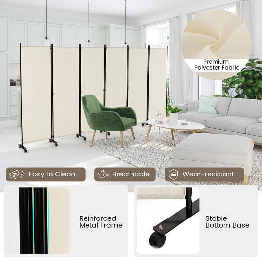 6 Panel 5.7 Feet Tall Rolling Room Divider on Wheels-White - Color: White