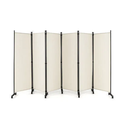 6 Panel 5.7 Feet Tall Rolling Room Divider on Wheels-White - Color: White
