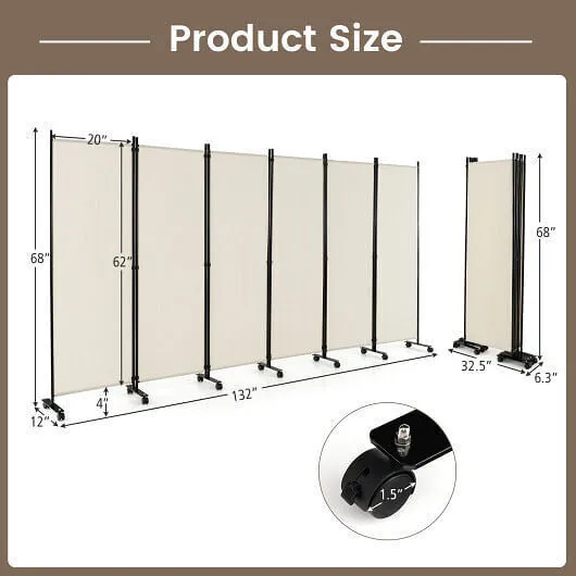 6 Panel 5.7 Feet Tall Rolling Room Divider on Wheels-White - Color: White