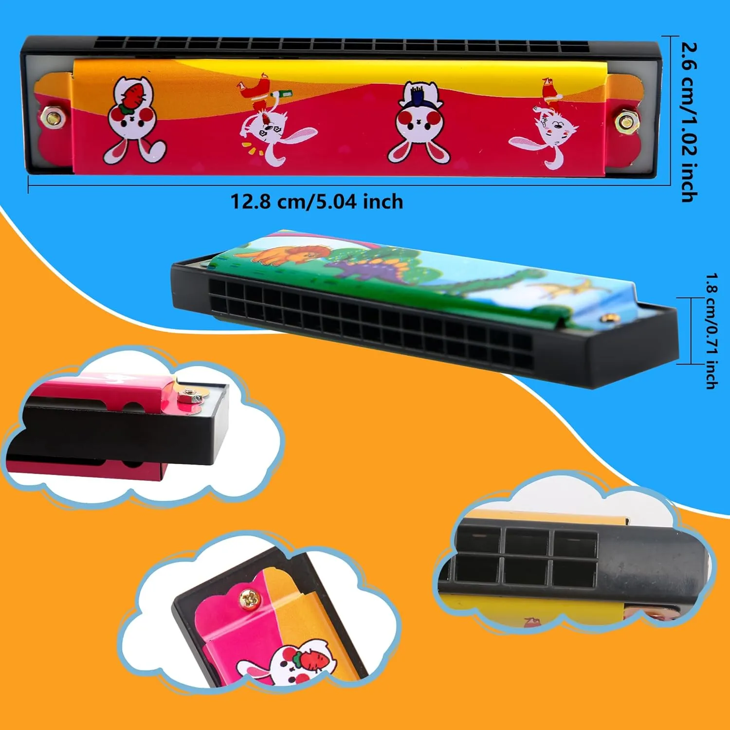 64 Pcs Kids Harmonica Bulk Cartoon Harmonica Toy 16 Holes Musical Instrument Toy for Beginner Children Birthday Gift, Random Color Pattern