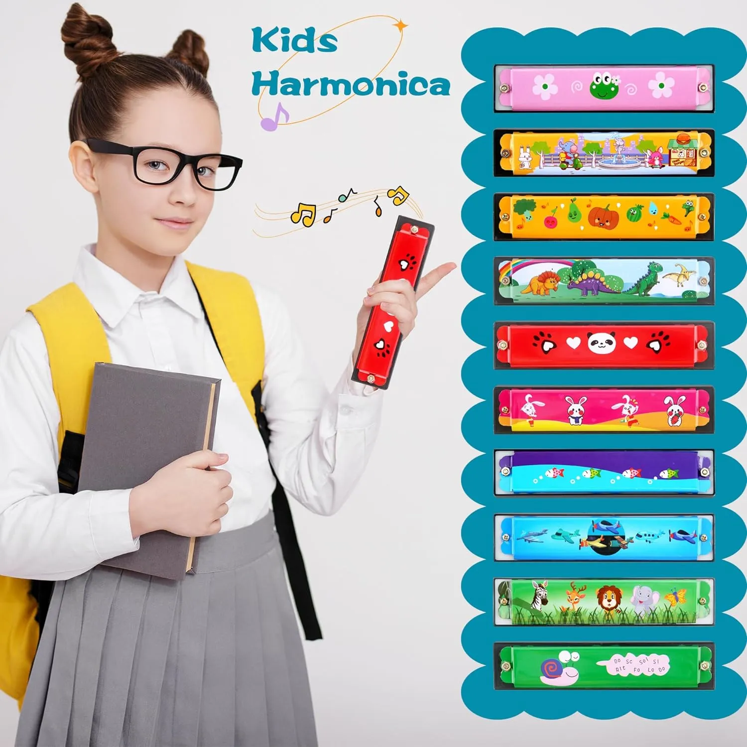 64 Pcs Kids Harmonica Bulk Cartoon Harmonica Toy 16 Holes Musical Instrument Toy for Beginner Children Birthday Gift, Random Color Pattern
