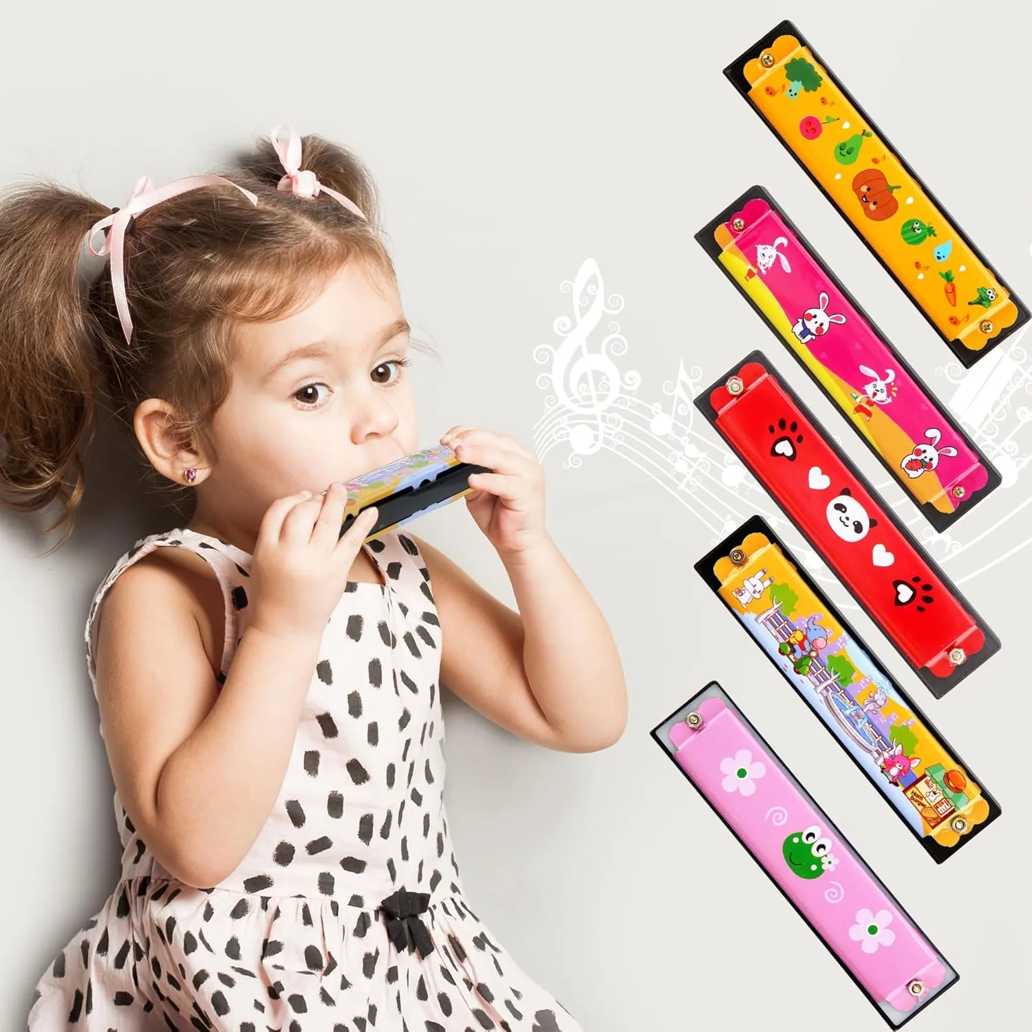 64 Pcs Kids Harmonica Bulk Cartoon Harmonica Toy 16 Holes Musical Instrument Toy for Beginner Children Birthday Gift, Random Color Pattern