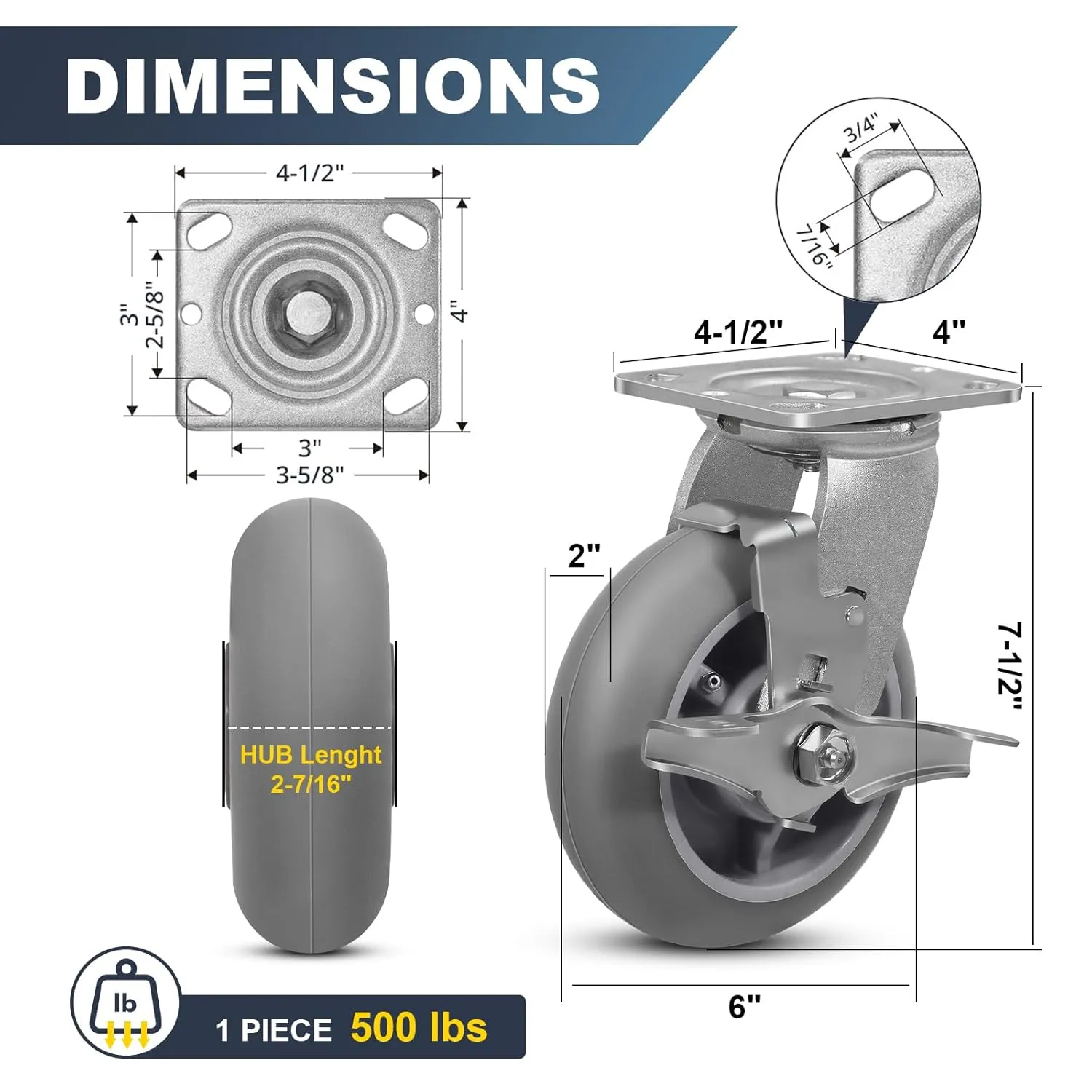 6" x 2" Heavy Duty Casters - 2000 LB Capacity- Thermoplastic Rubber Wheels(Crown Tread)- Caster Wheels for Furniture Platform Trucks Workbench (4 Pack Brake)