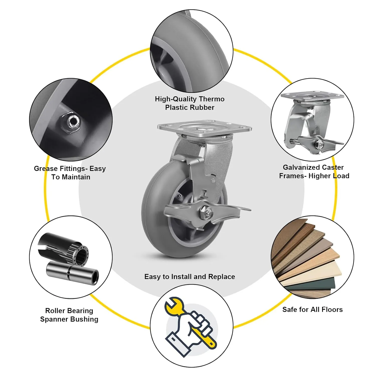 6" x 2" Heavy Duty Casters - 2000 LB Capacity- Thermoplastic Rubber Wheels(Crown Tread)- Caster Wheels for Furniture Platform Trucks Workbench (4 Pack Brake)