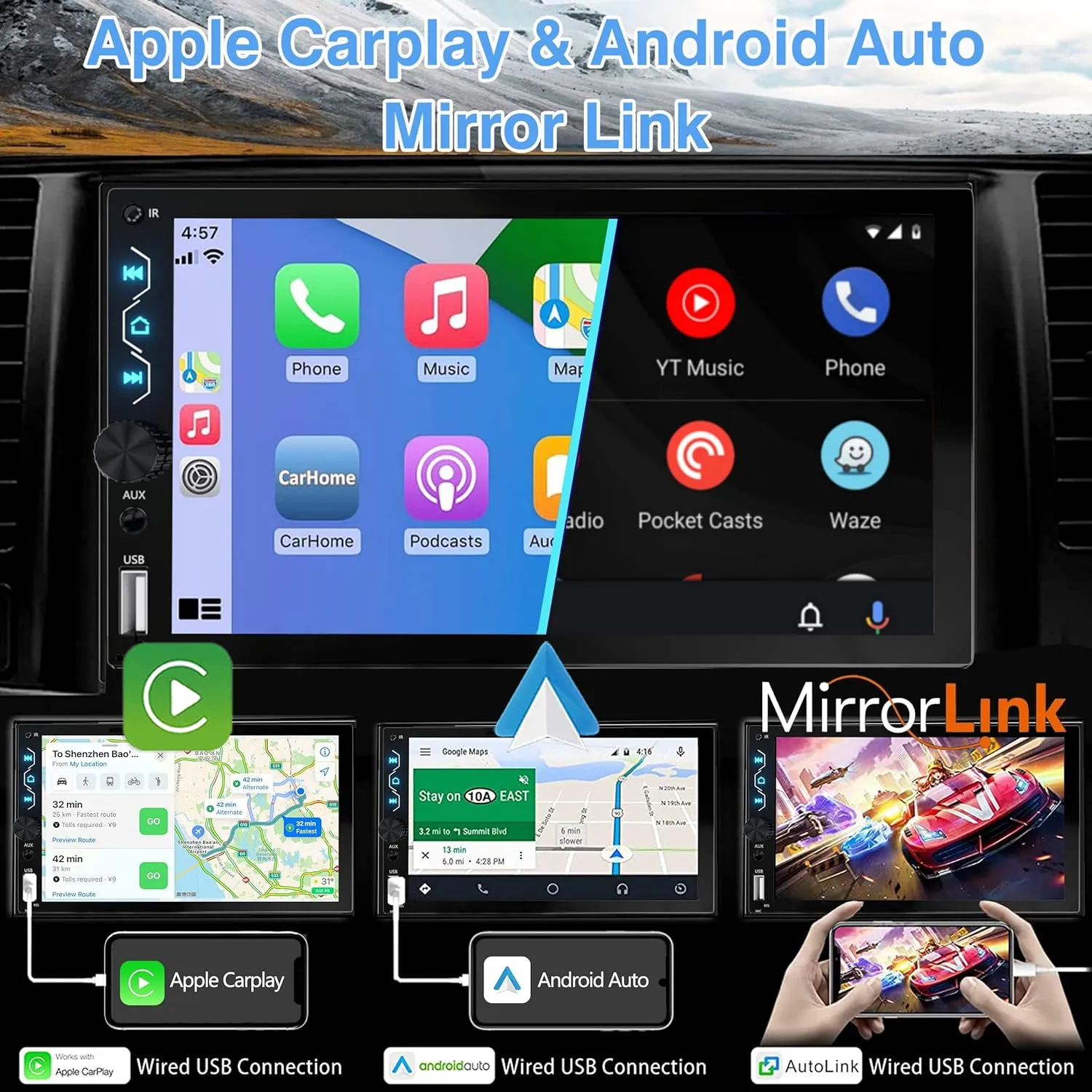 7 Inch Touchscreen Car Radio with Apple Carplay and Android Auto - Bluetooth, Backup Camera, Mirror Link, SWC, USB/AUX/Subwoofer