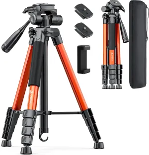 73" Camera Tripod Stand, Aluminum Tripod with Phone Holder, Travel Bag, Compatible with GoPro/DSLR/Cell Phone/Camcorder, Max Load 8.8LB (Orange)