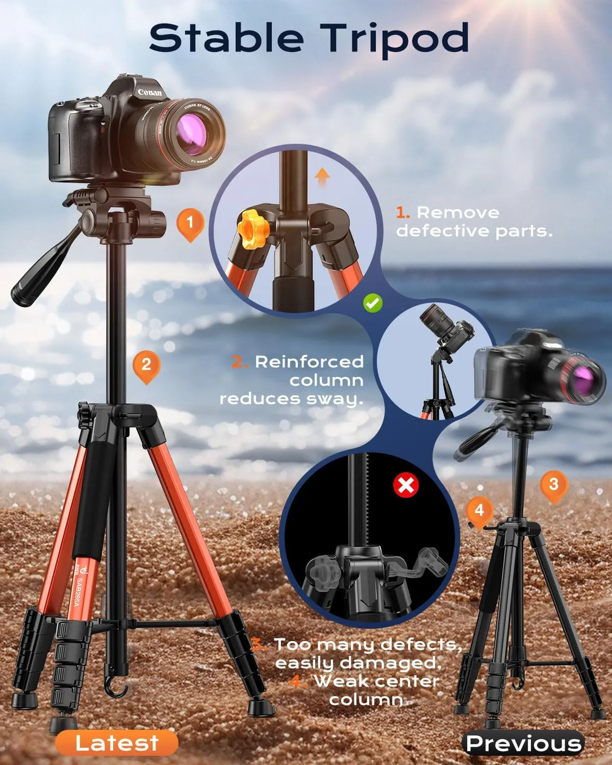 73" Camera Tripod Stand, Aluminum Tripod with Phone Holder, Travel Bag, Compatible with GoPro/DSLR/Cell Phone/Camcorder, Max Load 8.8LB (Orange)