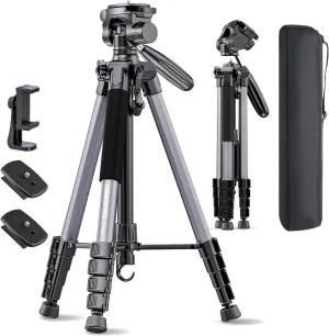 74"-Camera-Tripod, Professional Aluminum Tripod Stand, Head and Leg for Mirrorless Camera/DSLR/Cell Phone/Camcorder/GoPro, with Phone Holder and Travel Bag (Gunmetal Gray)