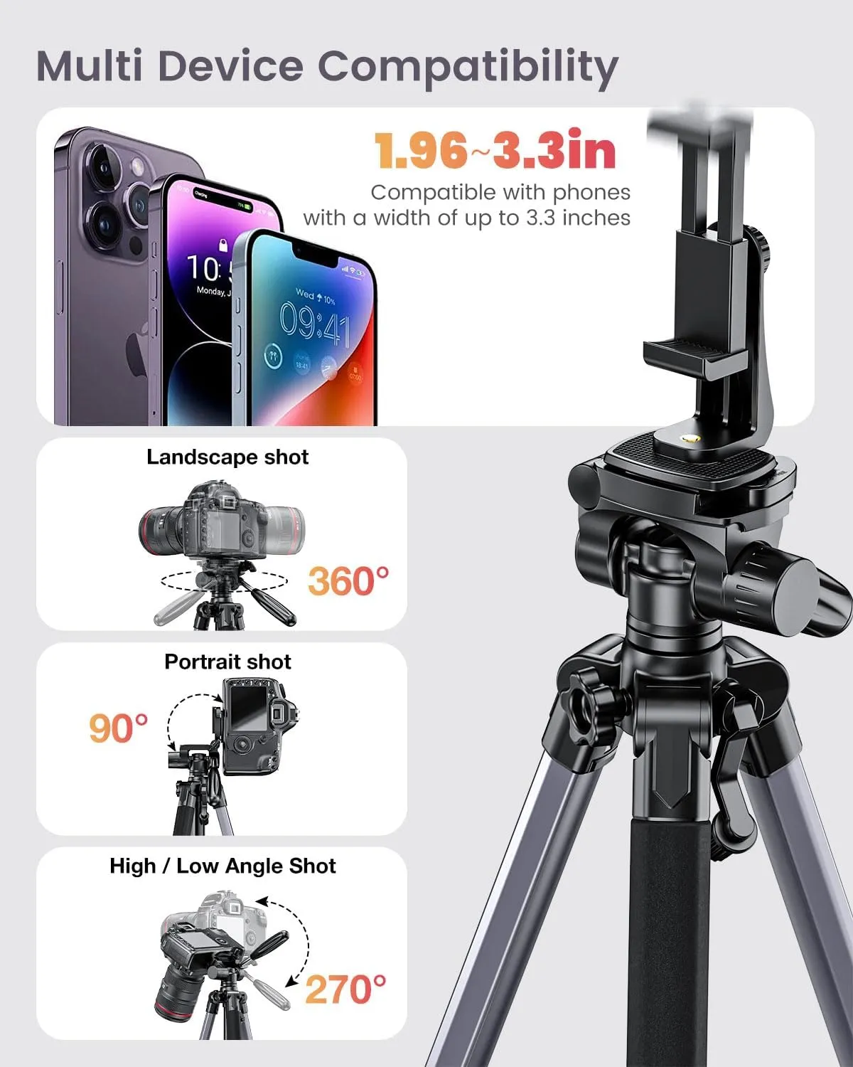 74"-Camera-Tripod, Professional Aluminum Tripod Stand, Head and Leg for Mirrorless Camera/DSLR/Cell Phone/Camcorder/GoPro, with Phone Holder and Travel Bag (Gunmetal Gray)