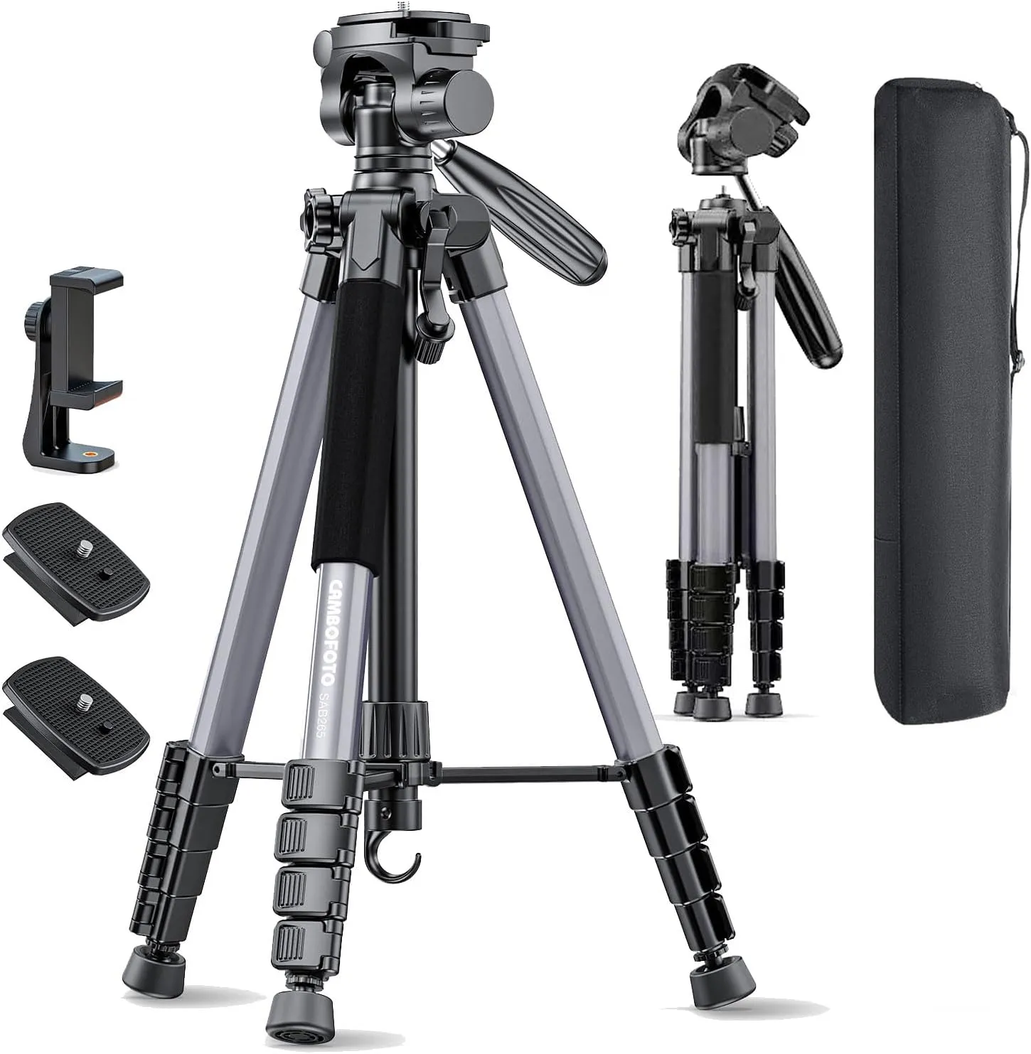 74"-Camera-Tripod, Professional Aluminum Tripod Stand, Head and Leg for Mirrorless Camera/DSLR/Cell Phone/Camcorder/GoPro, with Phone Holder and Travel Bag (Gunmetal Gray)