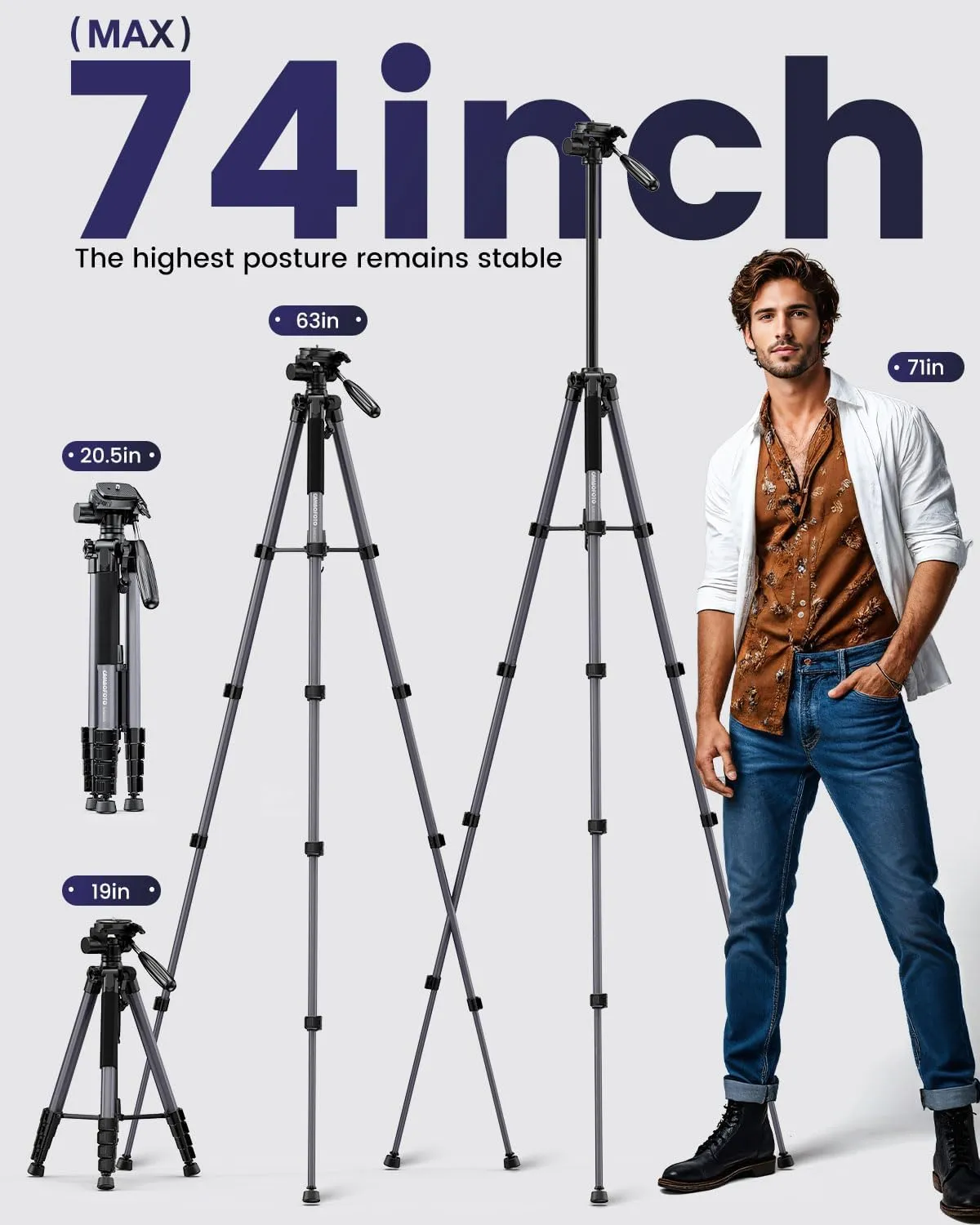 74"-Camera-Tripod, Professional Aluminum Tripod Stand, Head and Leg for Mirrorless Camera/DSLR/Cell Phone/Camcorder/GoPro, with Phone Holder and Travel Bag (Gunmetal Gray)