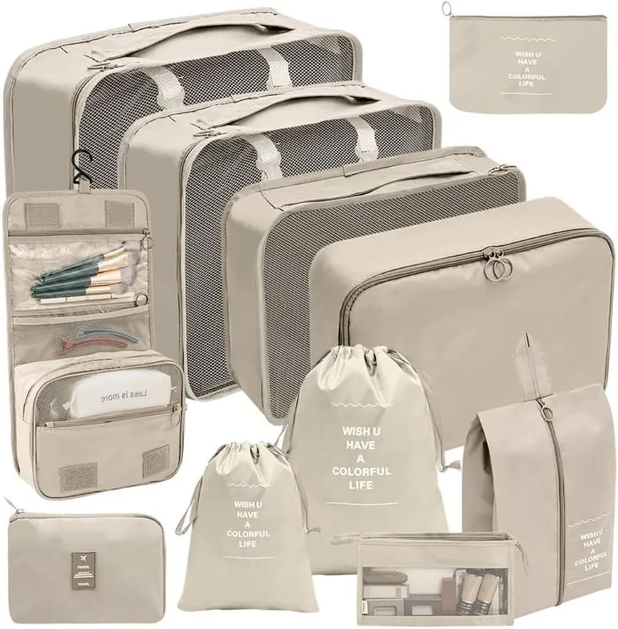 7/8/9/10 Pcs Set Travel Organizer Storage Bags Suitcase Packing Cubes Set Cases Portable Luggage Clothes Shoe Tidy Pouch Folding(10 pcs beige)