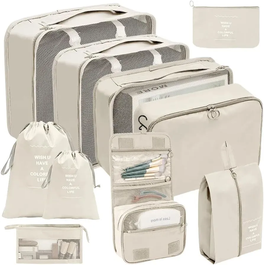 7/8/9/10 Pcs Set Travel Organizer Storage Bags Suitcase Packing Cubes Set Cases Portable Luggage Clothes Shoe Tidy Pouch Folding(10 pcs beige)