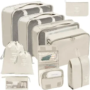 7/8/9/10 Pcs Set Travel Organizer Storage Bags Suitcase Packing Cubes Set Cases Portable Luggage Clothes Shoe Tidy Pouch Folding(10 pcs beige)