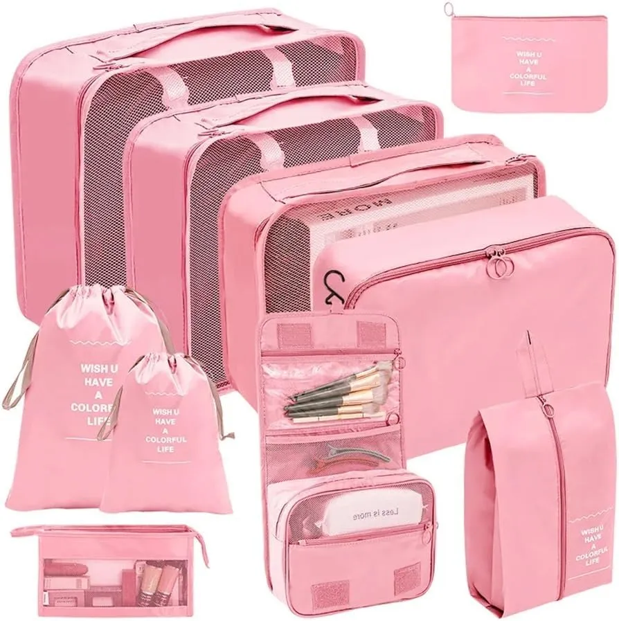 7/8/9/10 Pcs Set Travel Organizer Storage Bags Suitcase Packing Cubes Set Cases Portable Luggage Clothes Shoe Tidy Pouch Folding(10 pcs beige)