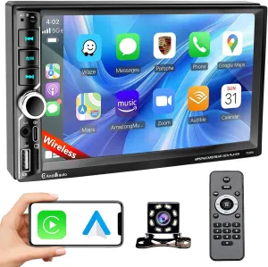 7" Wireless Apple Carplay Double Din Car Stereo,1024×600 HD IPS Double Din Touchscreen Car Radio with Bluetooth 5.0,Android Auto,10-Band EQ&Audio Subwoofer,TF/Type-C/USB/AUX, Radio with Backup Camera