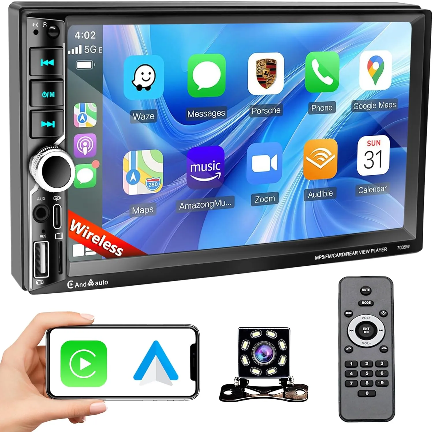 7" Wireless Apple Carplay Double Din Car Stereo,1024×600 HD IPS Double Din Touchscreen Car Radio with Bluetooth 5.0,Android Auto,10-Band EQ&Audio Subwoofer,TF/Type-C/USB/AUX, Radio with Backup Camera