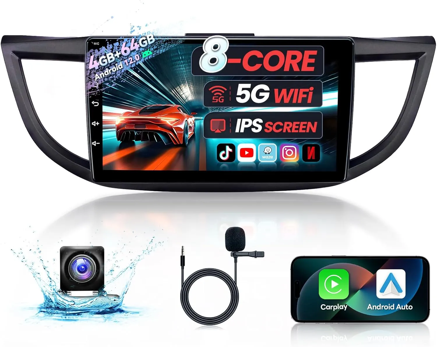 8 Core Car Radio for Honda CRV 2012-2016 5Ghz WiFi 10 Inch Touch Screen Car Stereo with Wireless Carplay Android Auto Bluetooth 48 EQ DSP SWC GPS Navigation Mirror Link Backup Camera 4 64 GB