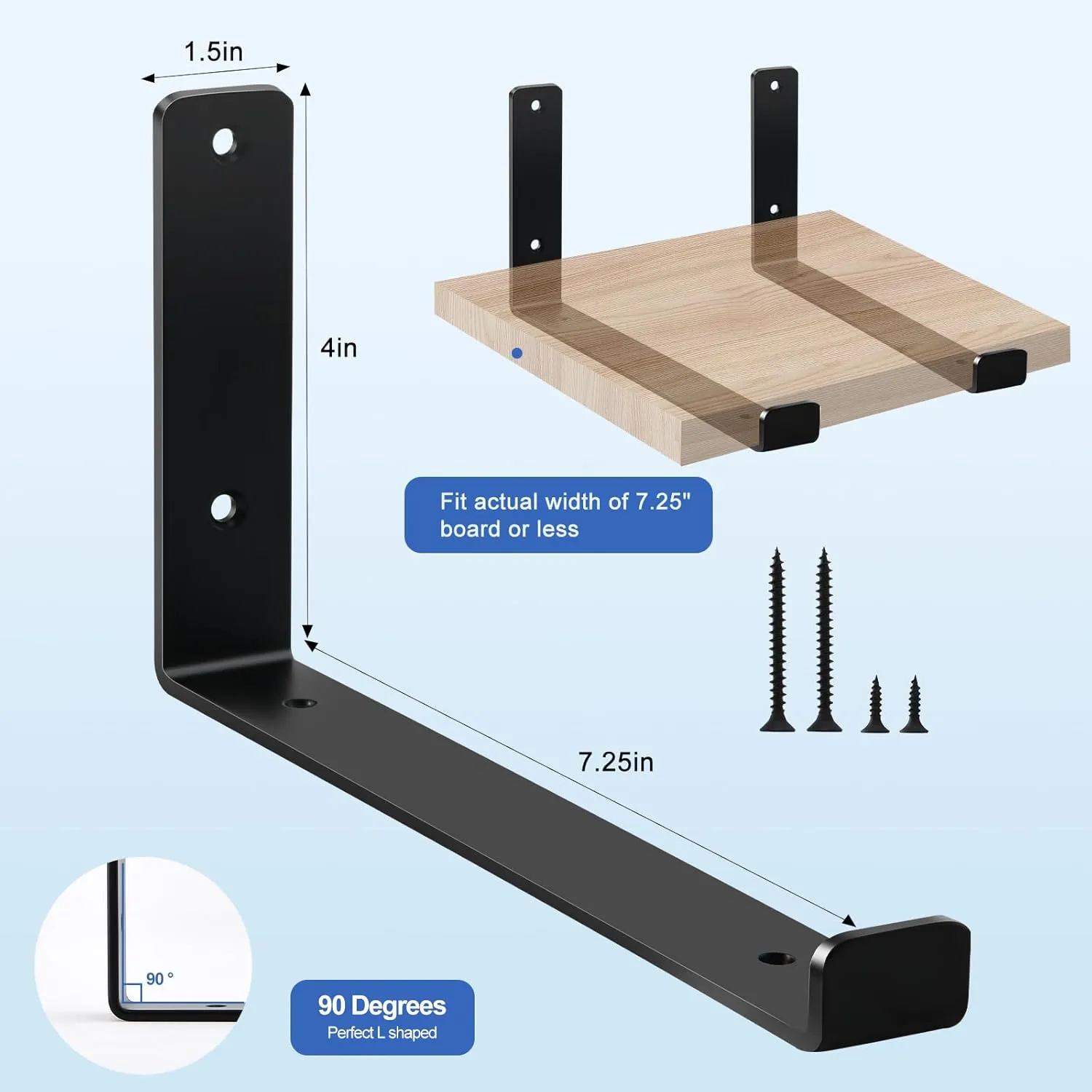 8 Pack - 7.25" L x 4" H x 1.5" W J Lip Shelf Brackets Rustic Farmhouse Iron Wall Floating Shelf Bracket Metal Shelf Bracket Industrial Shelf Supports with Screws Black