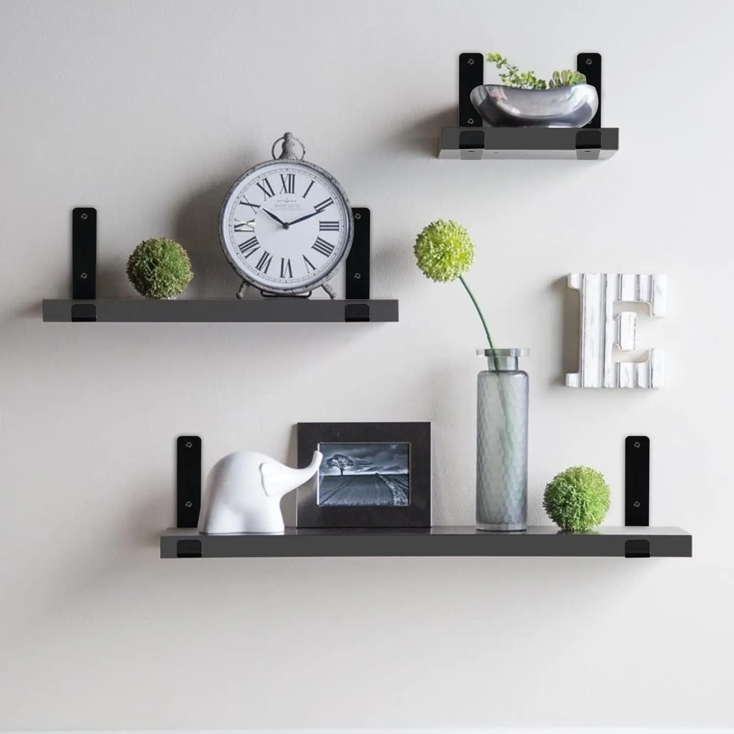 8 Pack - 7.25" L x 4" H x 1.5" W J Lip Shelf Brackets Rustic Farmhouse Iron Wall Floating Shelf Bracket Metal Shelf Bracket Industrial Shelf Supports with Screws Black