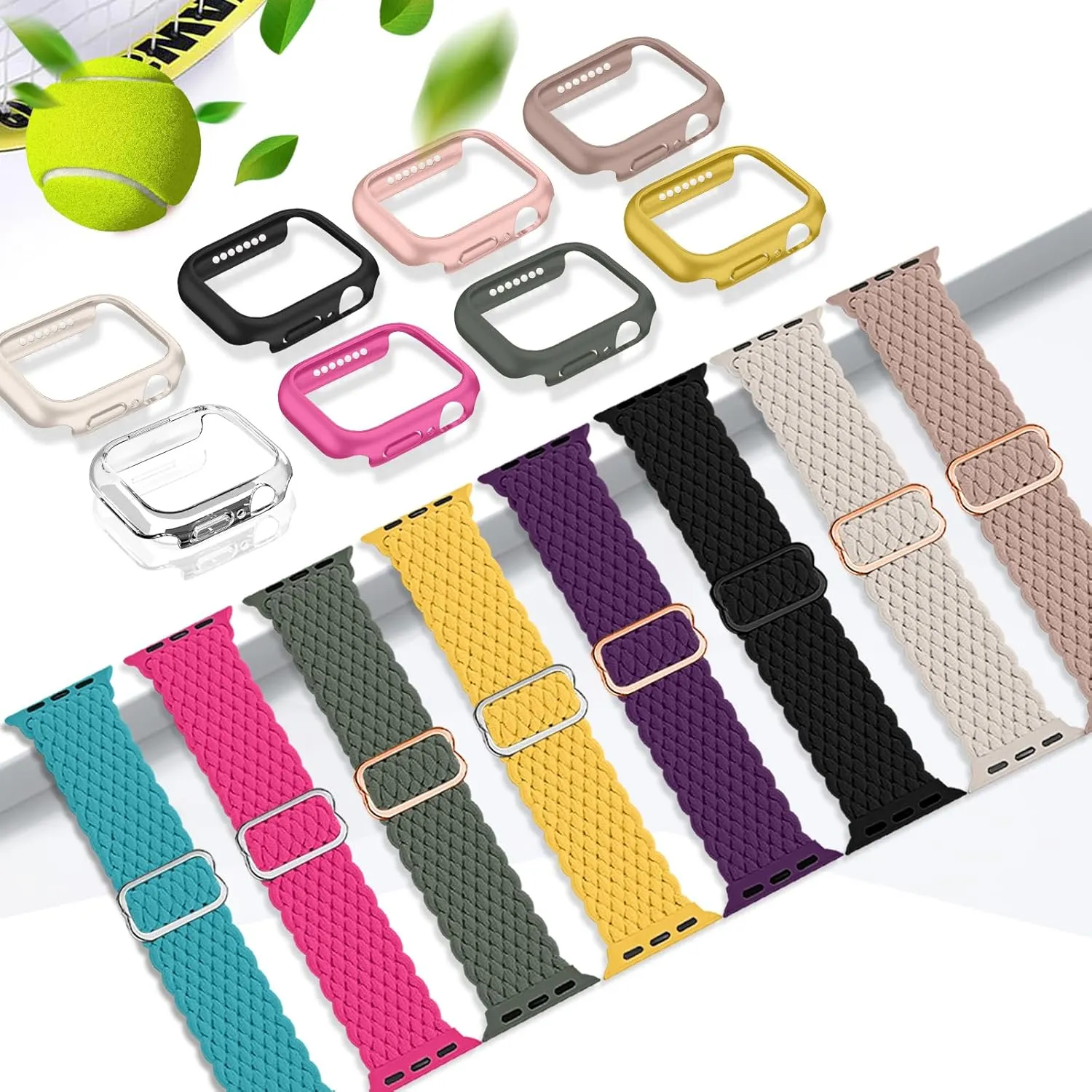 8 Pack Braided Solo Loop Compatible with Apple Watch Band 40mm 41mm 42mm 44mm 45mm 46mm, Nylon Band with Screen Protector Case&Storage Organizer for Apple Watch S10/9/8/7/6/se/se 2nd/5/4