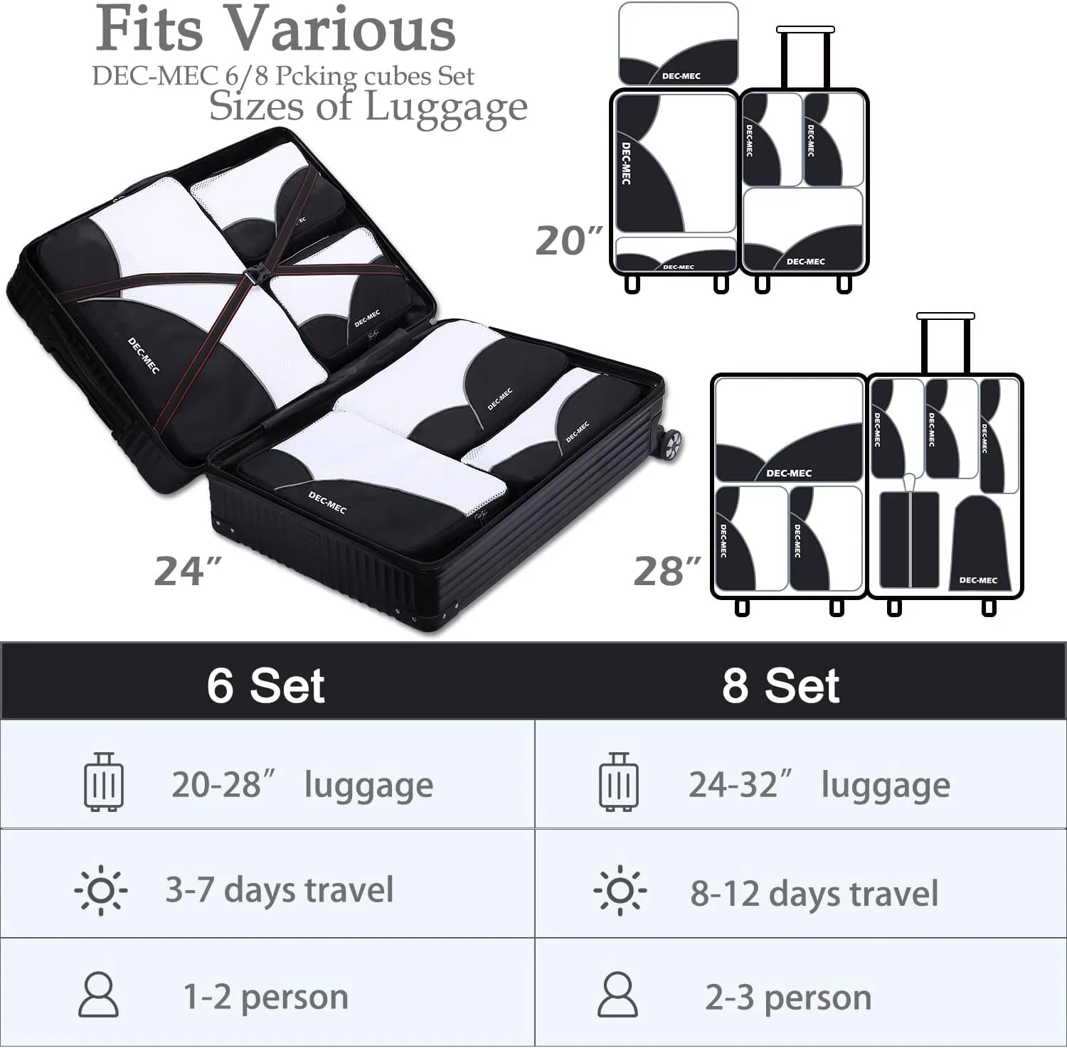 8 Set Packing Cubes for Travel (L,M,S,XS)-Suitcases Organizer Set for Travel Accessories Travel Essentials, Luggage Packing Bags for Carry on Suitcase (8set, Black)