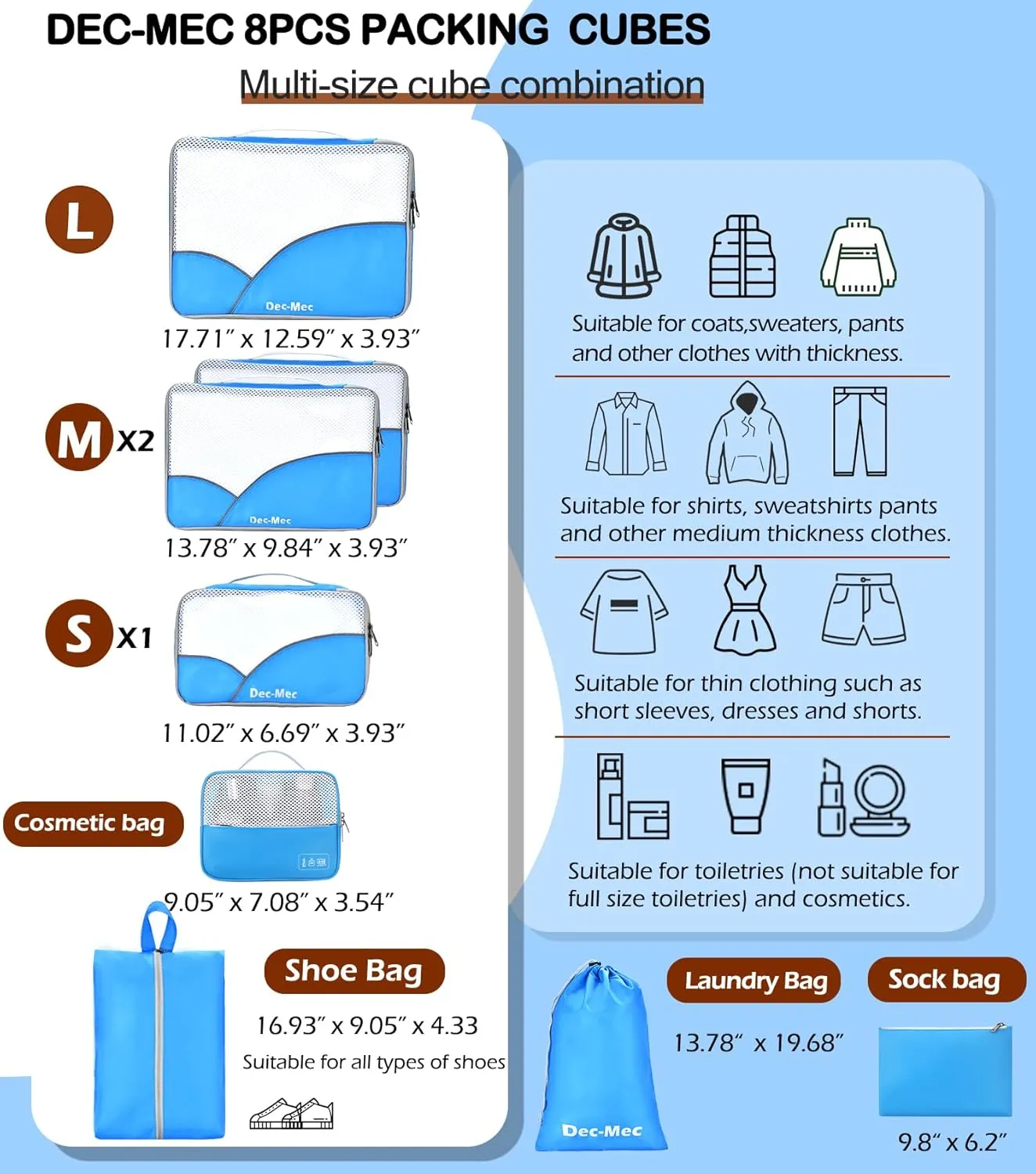 8 Set Packing Cubes for Travel (L,M,S,XS)-Suitcases Organizer Set for Travel Accessories Travel Essentials, Luggage Packing Bags for Carry on Suitcase (8set, Blue）