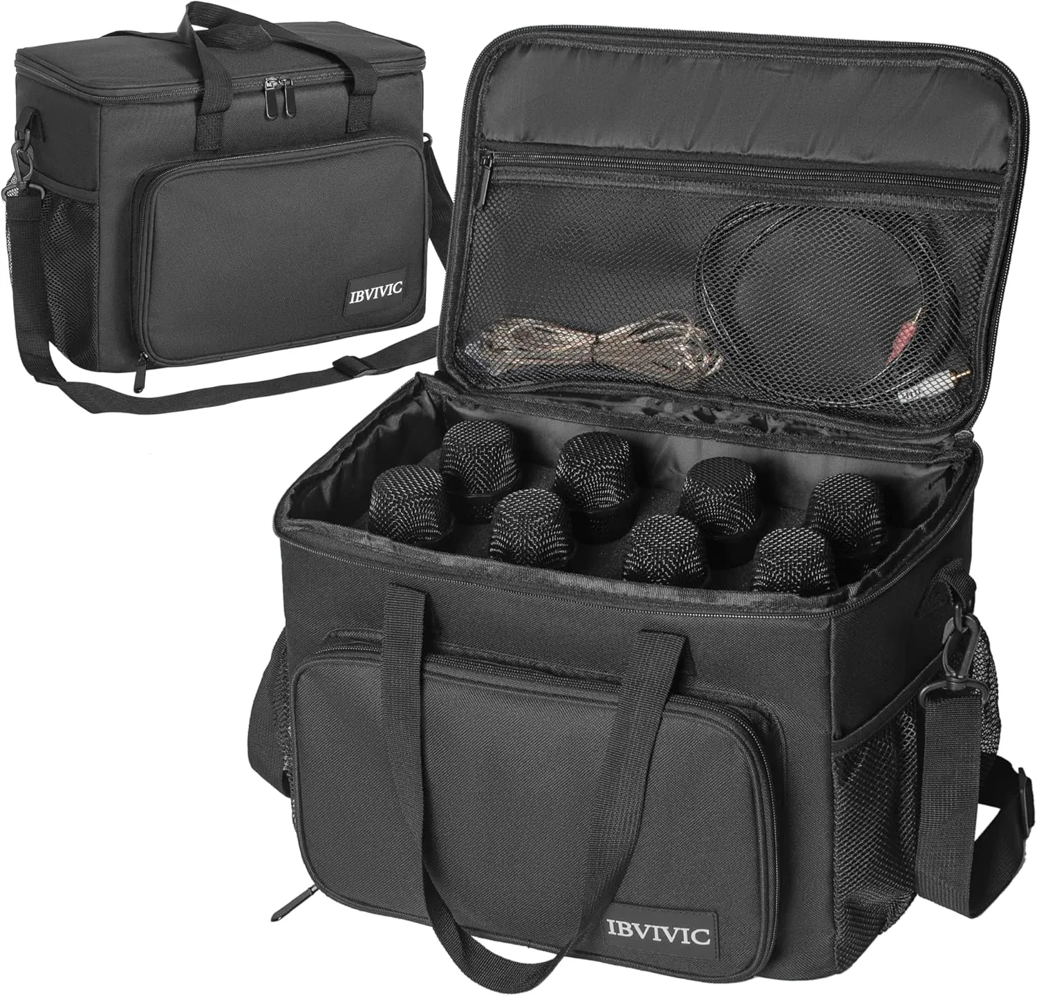 8 Slots Wireless Microphone Case with Foam, 1680D Heavy Duty Oxford Fabric Microphone Bag with Shoulder Strap, BLACK