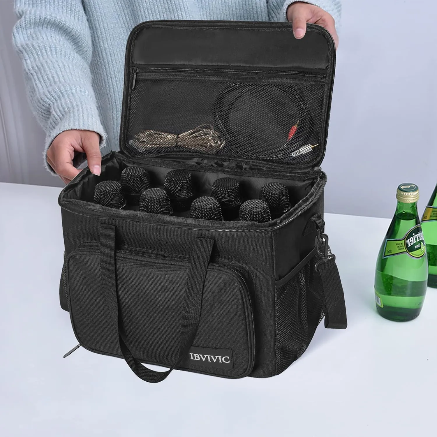 8 Slots Wireless Microphone Case with Foam, 1680D Heavy Duty Oxford Fabric Microphone Bag with Shoulder Strap, BLACK