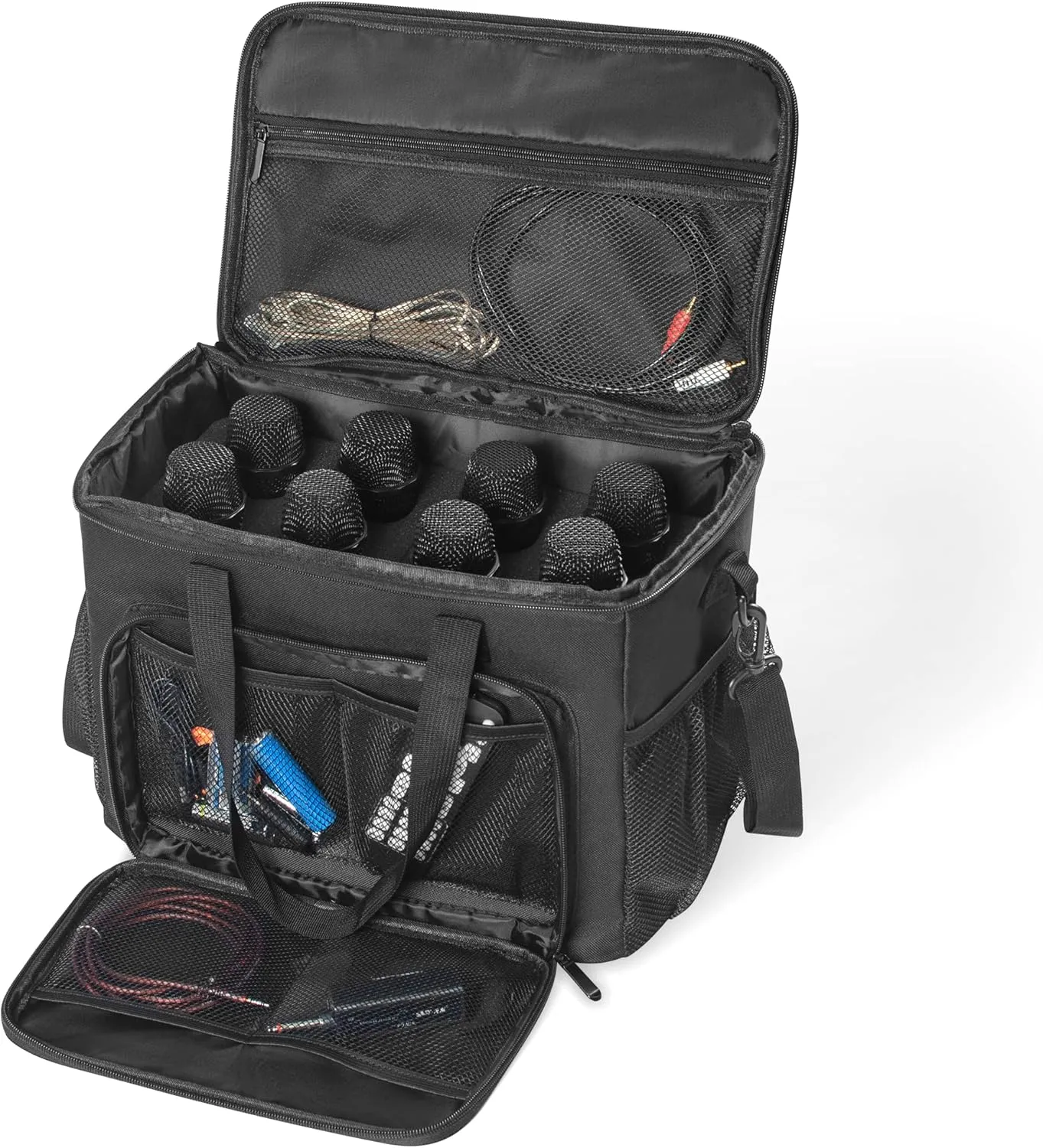 8 Slots Wireless Microphone Case with Foam, 1680D Heavy Duty Oxford Fabric Microphone Bag with Shoulder Strap, BLACK