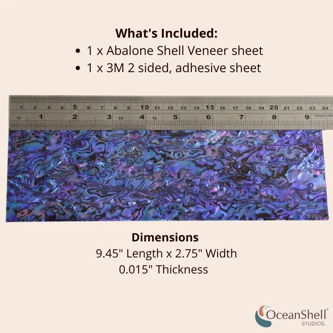 Abalone Shell Inlay Veneer for DIY or Professional Inlay Embellishments - Sustainable New Zealand Paua Royal Purple- With 3M Double Sided Tape Backing - 9.45"X2.75"