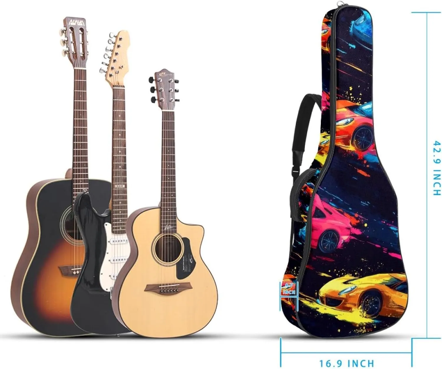 Abstract Seamless Pattern with Speed Race Acoustic Guitar Gig Bag, 1 cm Thick Padding Waterproof Guitar Case Backpack with Dual Adjustable Shoulder Strap for 40-42 Inch Guitar